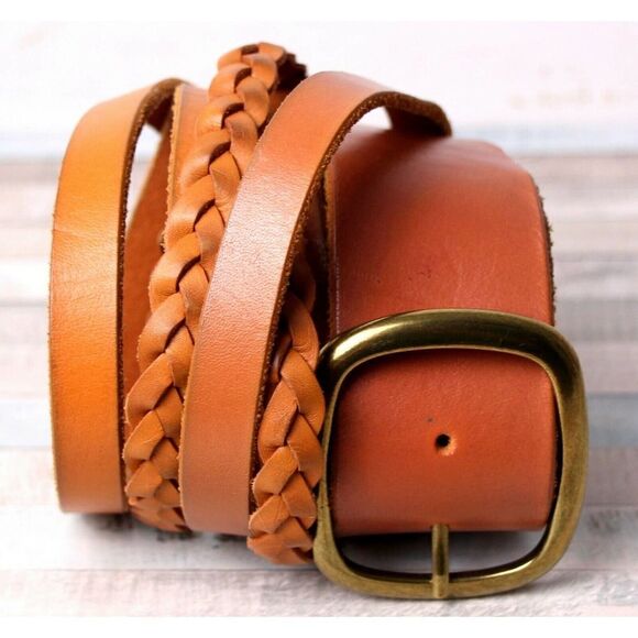 Linea Pelle TAN BROWN GENUINE LEATHER 2"Wd STRIPS CORSET WOMEN'S BELT Sz M (T87 - Picture 1 of 8